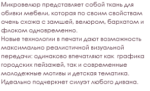 Микровелюр представляет собой ткань для обивки мебели, которая по своим свойствам очень схожа с замшей, велюром, бархатом и флоком одновременно. Новые технологии в печати дают возможность максимально реалистичной визуальной передачи: одинаково впечатляют как графика городских пейзажей, так и современные молодежные мотивы и детская тематика. Идеально подчеркнет силуэт любого дивана.